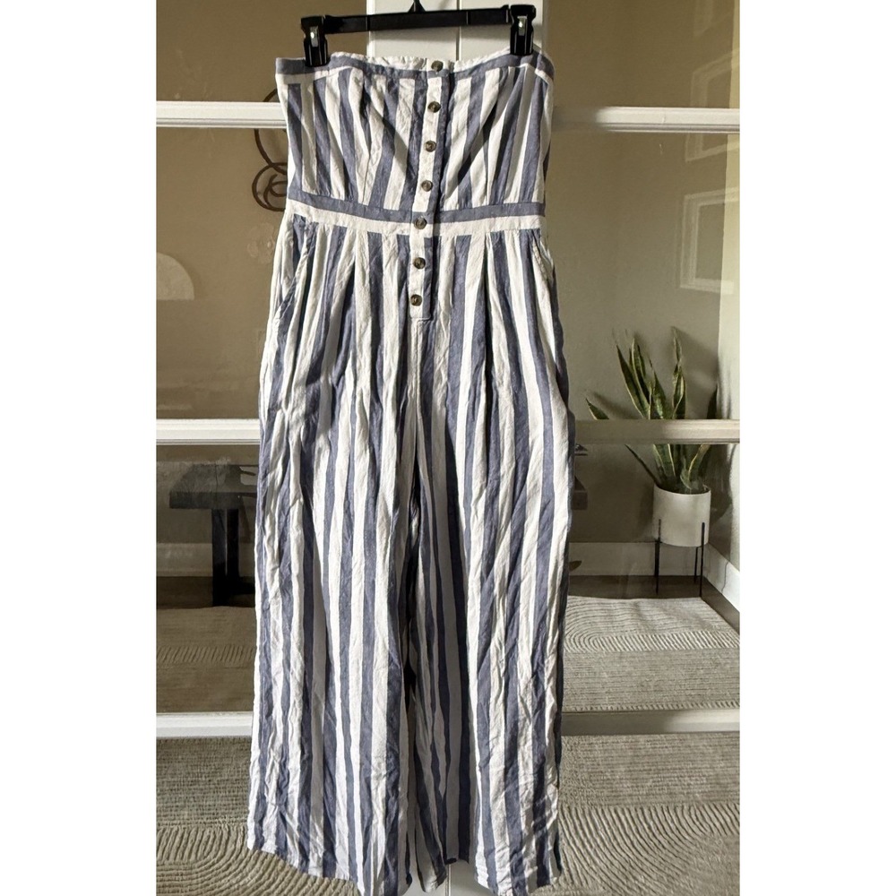 American Eagle Blue White Striped Strapless Linen Blend Wide Leg Jumpsuit M